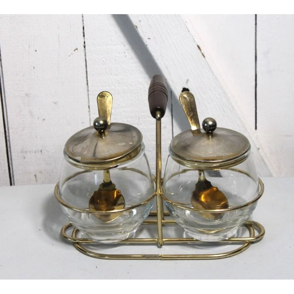 Mid Century Condiment Set Wire Rack Libby Glass Lid/Spoons, Jam, Relish Sauces
